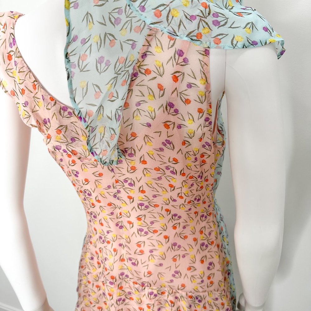 Anthropologie LAIA Mixed Floral Print Ruffle Asymmetrical Midi Dress Pink Blue - Picture 12 of 17